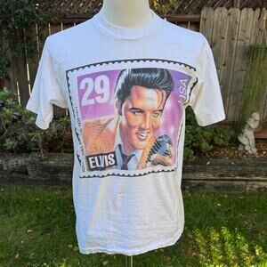 Vintage 90s Elvis Presley Single Stitch T Shirt L USPS Post Stamp White *READ*